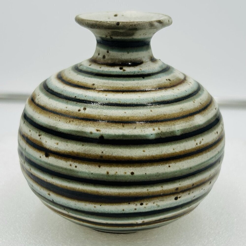 Otagiri OMC Japan Miniature 4" Bud Vase Blue Brown Striped Gold Sticker Vintage